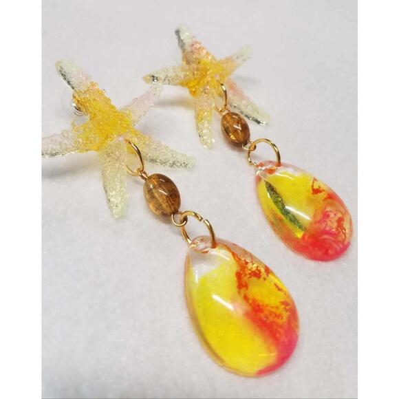 Resin Dangle Earrings Starfish Tropical Neon Mermaid - Picture 7 of 8